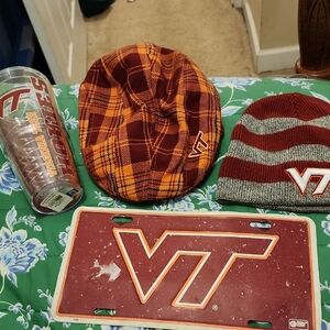 Virginia Tech Plaid Cap, Striped Beanie, Tumbler, and License Plate Set